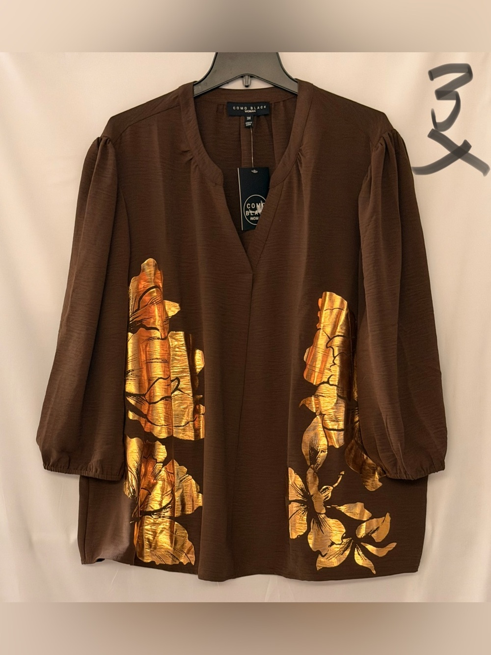 Como Blu Brown Long-Sleeve Top with Gold Floral Foil